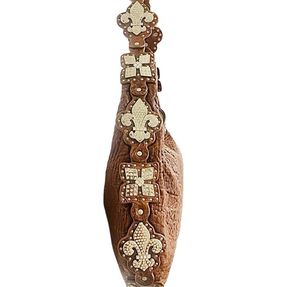 Charm & Luck Brown Textured Leather Embellished Silver & Rhinestone Hobo Bag - Picture 7 of 9